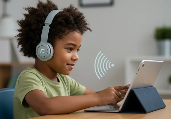 Child using assistive technology for reading, like text-to-speech