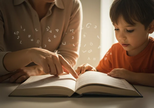 Child and adult reading together with support and understanding