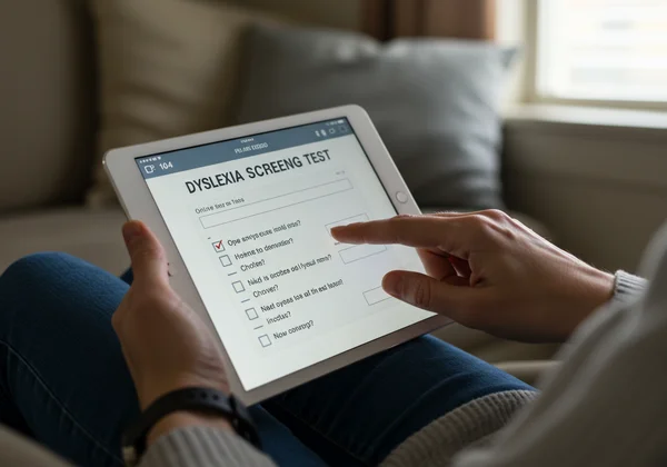 Person taking an online dyslexia screening test on a tablet