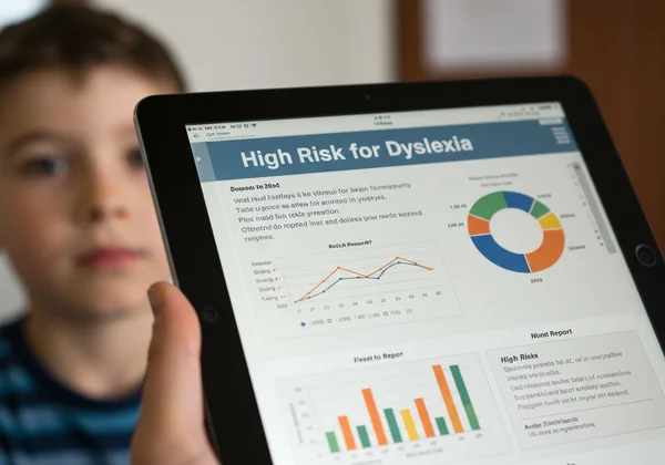 Digital screen showing a high-risk dyslexia screening report result.
