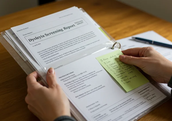 Parent organizing dyslexia screening report and child's work.