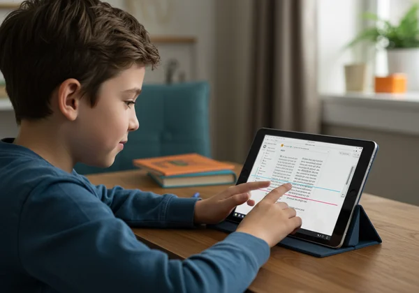 Child uses assistive technology for learning at home.