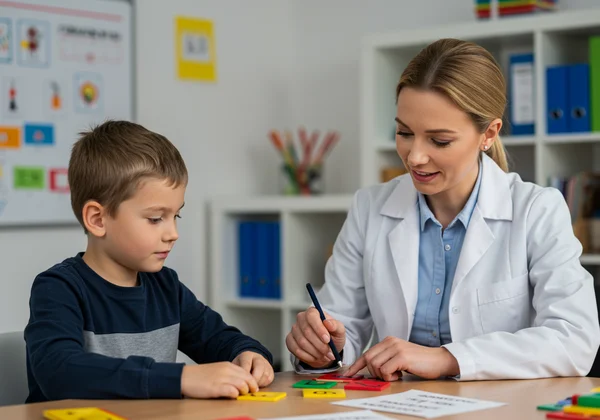 Child undergoing a dyslexia evaluation with a specialist.