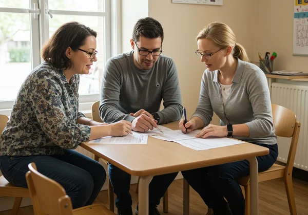 Parent and teacher collaborate on child's learning.