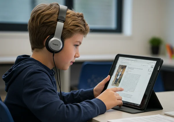 Child using text-to-speech assistive technology for reading