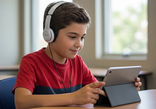 Student using text-to-speech software on a tablet