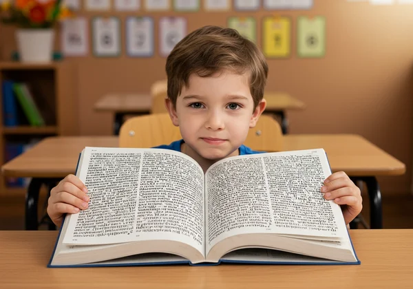 Child struggling to read with scrambled letters on page