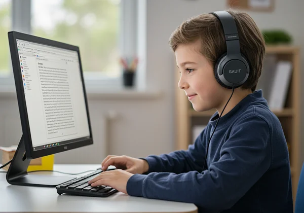 Child using assistive technology for reading with headphones