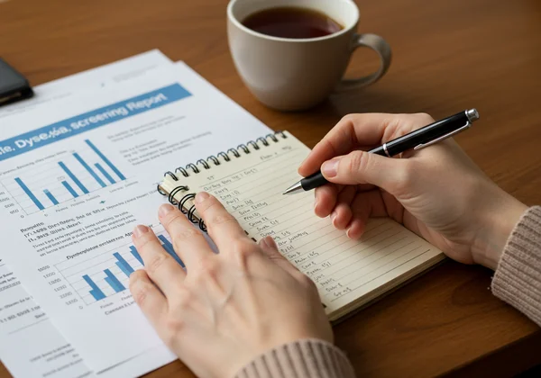 Parent taking notes while preparing for a teacher meeting