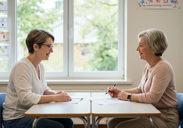 Parent and teacher collaboratively discussing child's progress