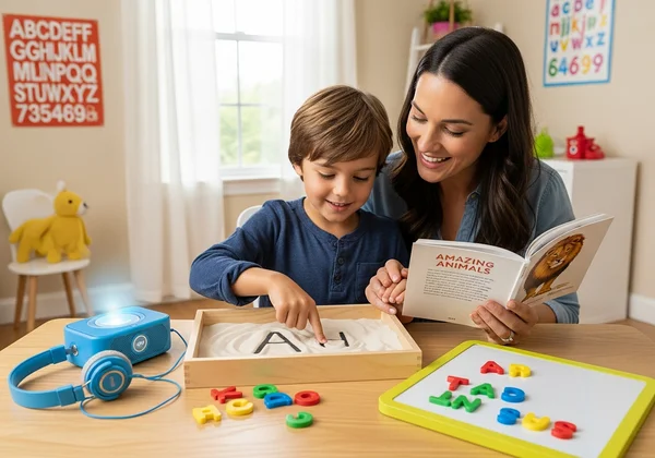 Parent and child doing fun multisensory reading activities at home