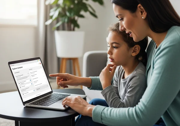 Parent and child taking an online dyslexia screening test