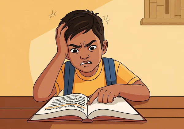 Child frustrated while reading a book