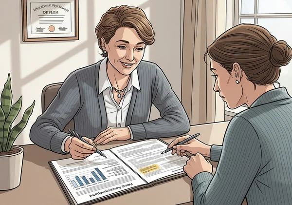 Parent reviewing dyslexia evaluation report with a professional