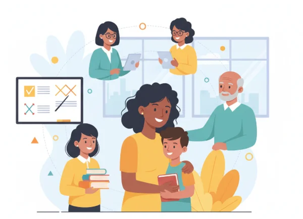 Parents, teachers, and experts forming a support network