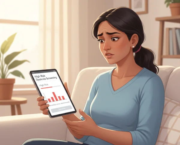 Parent looking at high-risk dyslexia screening results